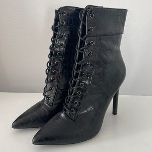 Olivia Jaymes Pointed Toe Lace Up Stiletto Ankle Boots